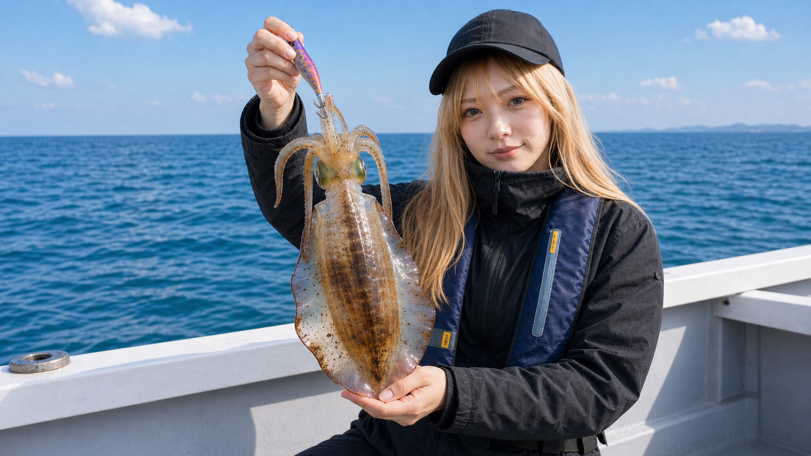 ティップランで釣れたアオリイカを船上で見せる様子